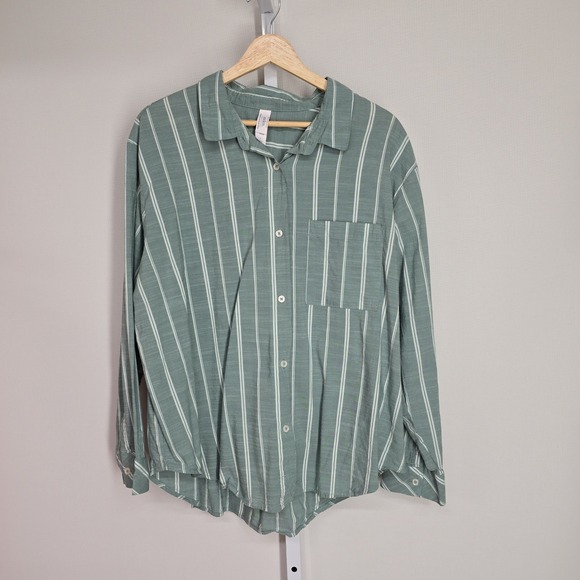 Auden Other - Auden Womens Large Sage Green Striped Button Down Pajama Top Long Sleeve‎ L